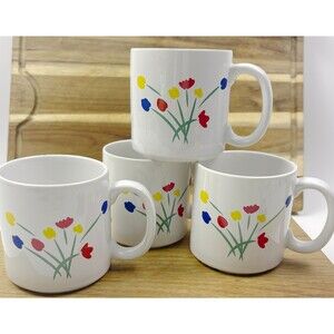 Vintage Tulip Floral Mug Set Cottagecore Country Kitchen Coffee Cups 4